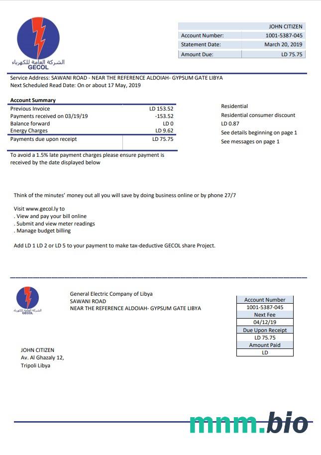 Libia General Electric Firma elektryczność rachunek za media szablon w formacie Word i PDF